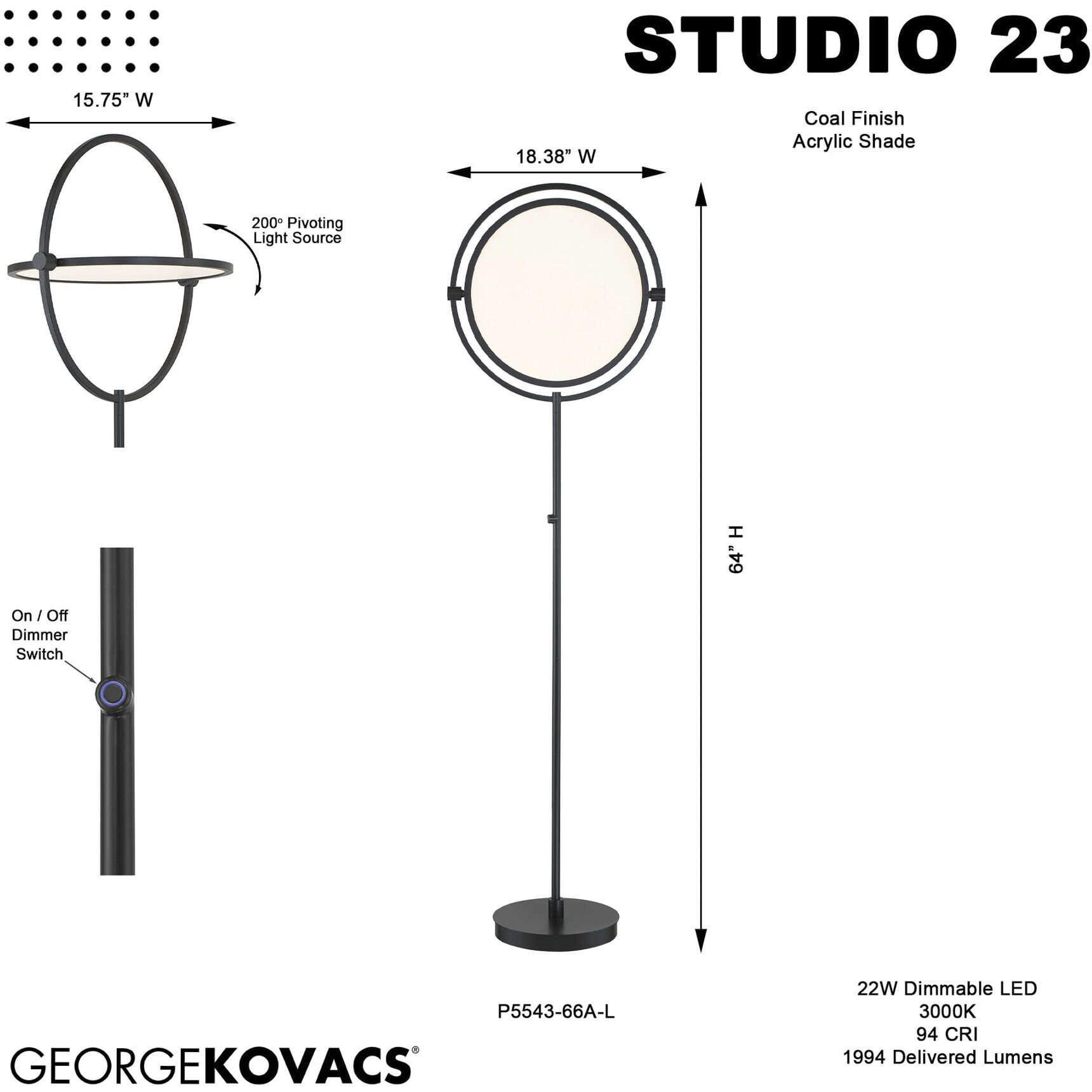 Studio 23 64 inch 22.00 watt Coal Floor Portable Light